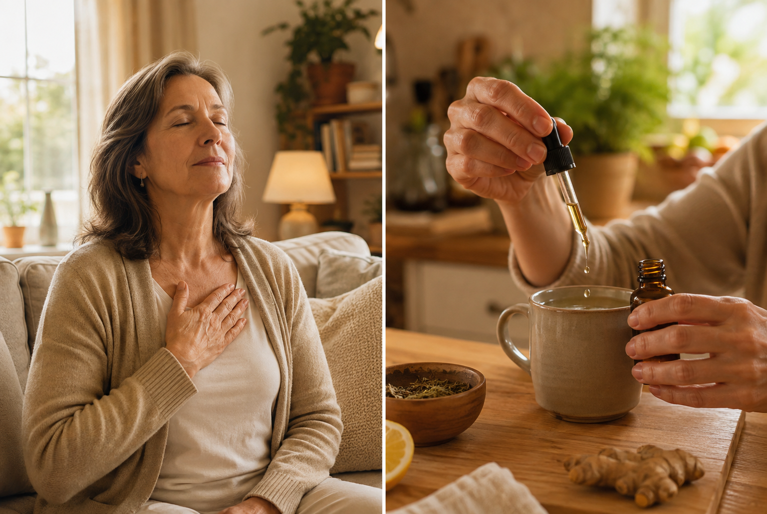 Woman calmly practicing the at-home breathing reset ritual